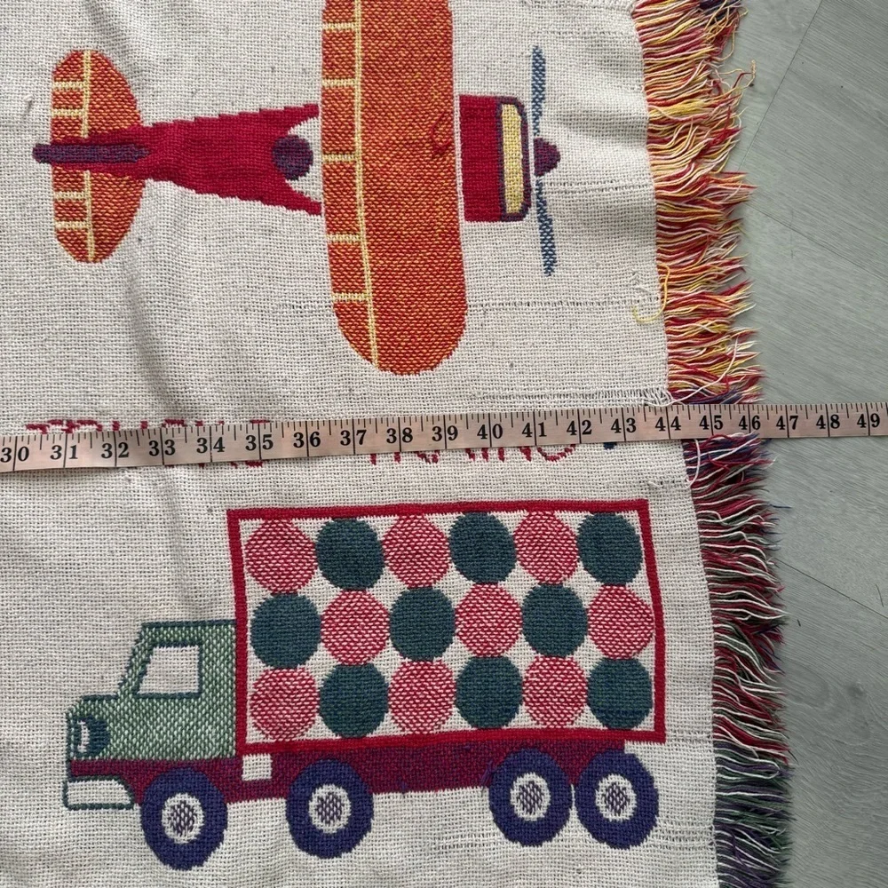 Pottery Barn Kids Vintage Woven Tapestry Throw Blanket Patterned Design Trains,